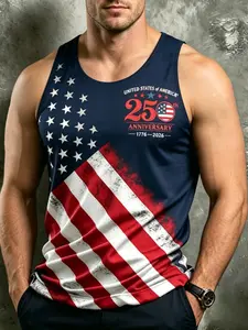 American 250th Anniversary Men's Tank Top, Summer Flag Print Sleeveless T-Shirt, Independence Day Casual Sports Shirt, Loose-Fit, Unlined, Sporty Tank Top, Graphic Print Vest