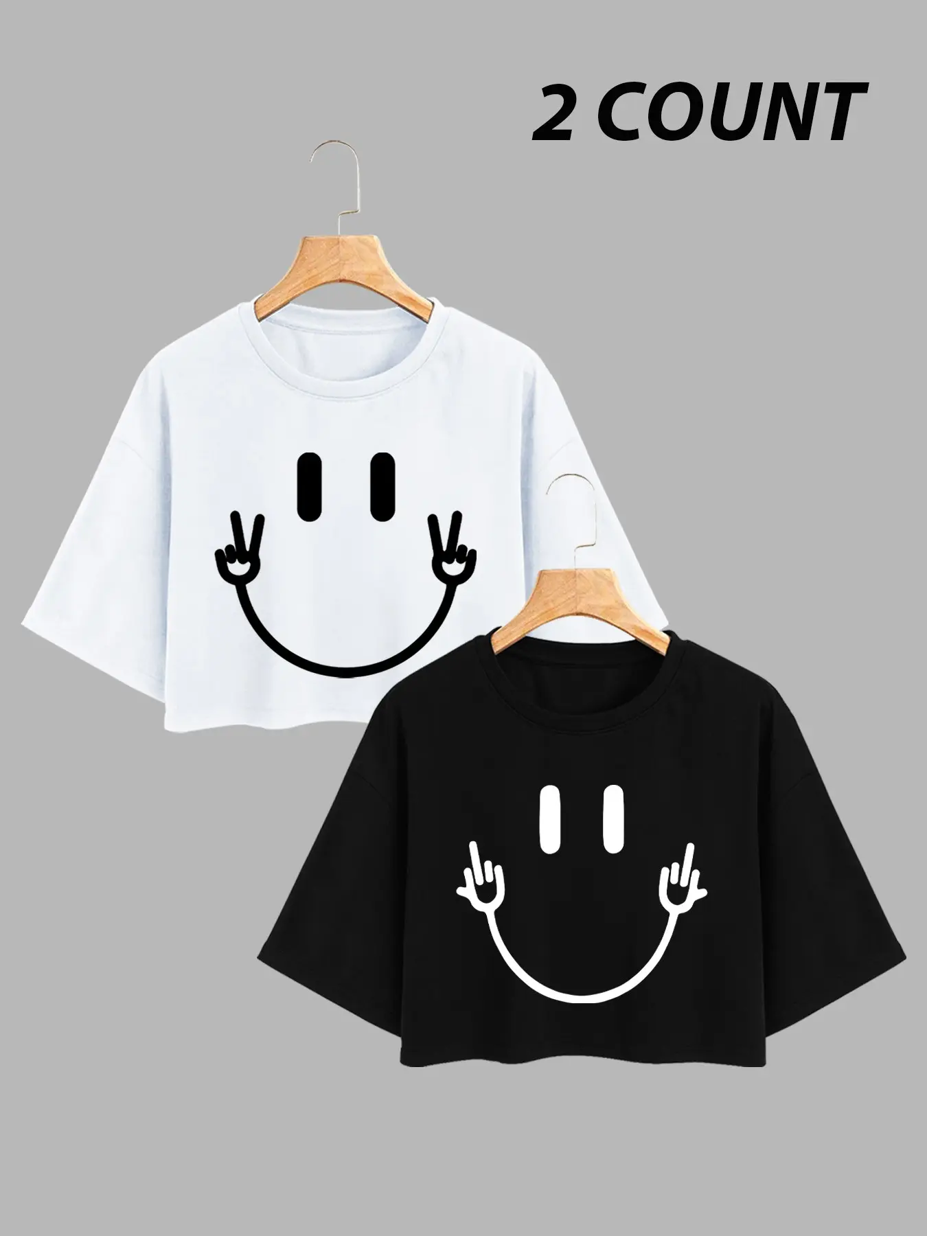 Smiley Print 2 Pack Short T-Shirts Round Neck, Casual Sweet Cool Style, Spring Summer Campus Wear, Cartoon Smile Pattern, Loose Fit