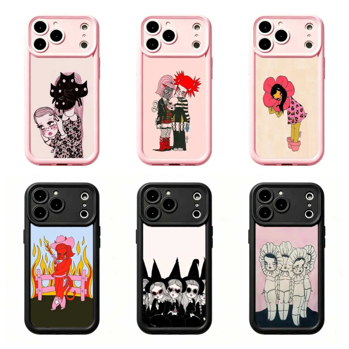 Valfre Weirdcore Goth Punk Girl Art Phone Case,Pink Black Frame Soft Trippy Alt Girl Phone Cover For iPhone 17 Pro Max 16 15 14 13 12 11 for Samsung S21 S22 S23 S24 S25 Phone Case, Perfect Gift for Girls