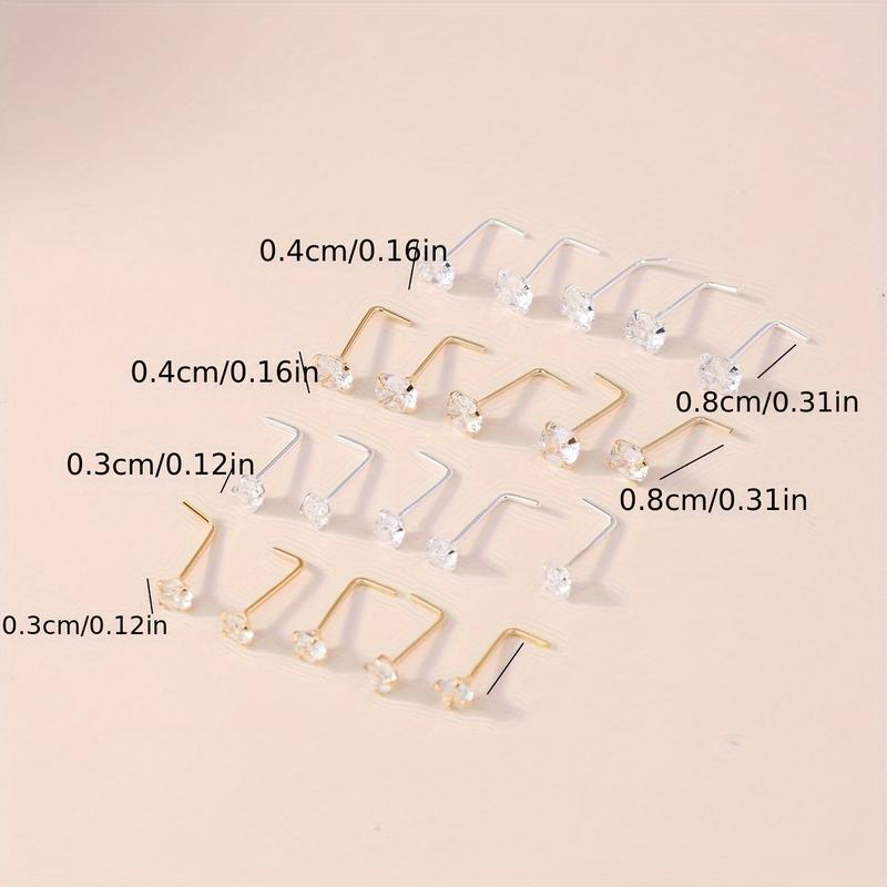 10Pcs Stainless Steel Simple Golden & Silvery Nose Rings Ear Studs Set Boho L-shaped Nose Nostril Piercing Body Jewelry Women Shiny Cubic Zirconia Nose Screw Ear Stud Ring L-shaped Nose Stud Set