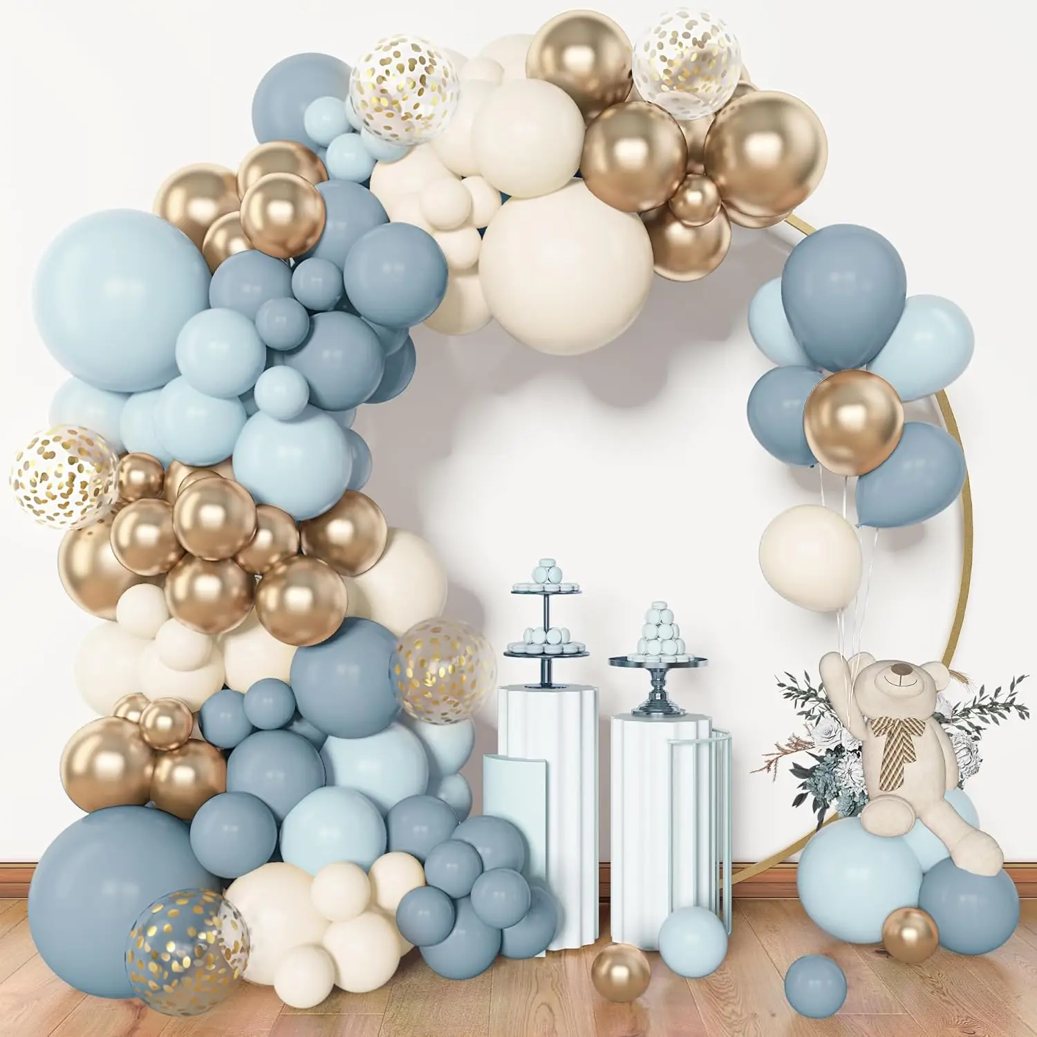 Amandir 153pcs Dusty Blue Balloon Garland Arch Kit, Different Sizes 18 12 10 5 inch Blue White Sand Latex Metallic Confetti Gold Balloons Baptism Birthday Boho Baby Shower Party Decoration Supplies