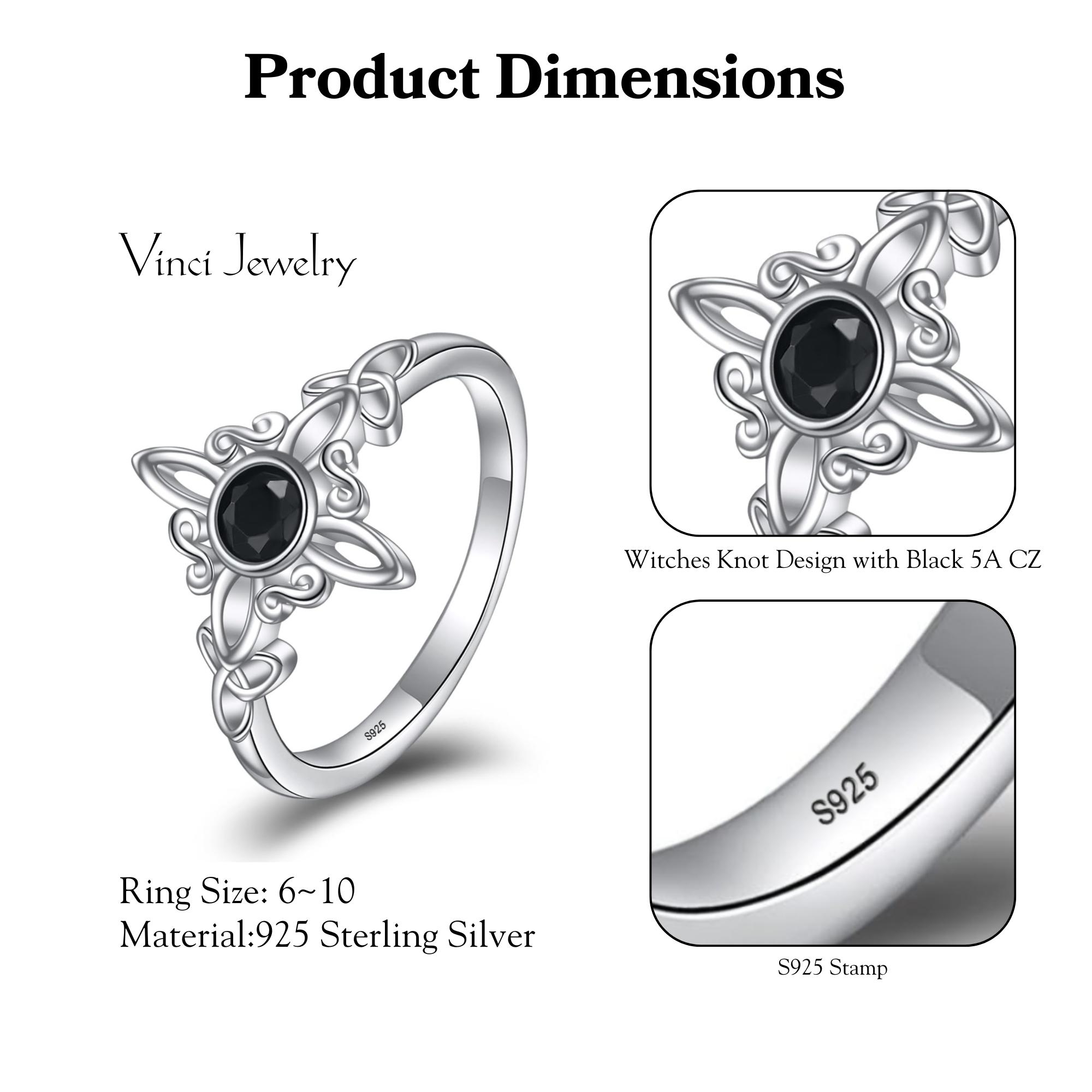 Sterling Silver Witch Knot Ring Celtic Trinity Knot Ring for Women, Witches Pagan Wicca Moon Irish Celtic Jewelry, Nudo de Bruja Plata 925 Original, Hecate Goddess of the Moon, Black CZ Dark Fantasy, Protection and Mysticism Amulet Gift for Girls