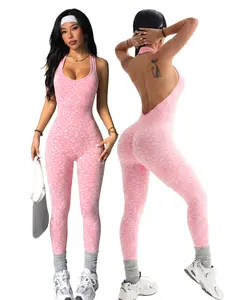 Leopard Print Seamless Women's Sportswear, Butt Lifter Waist Trainer, High Stretch Halter One-Piece Athletic Jumpsuit, Ideal for Cycling, Running, Yoga, Stretchy Jumpsuit