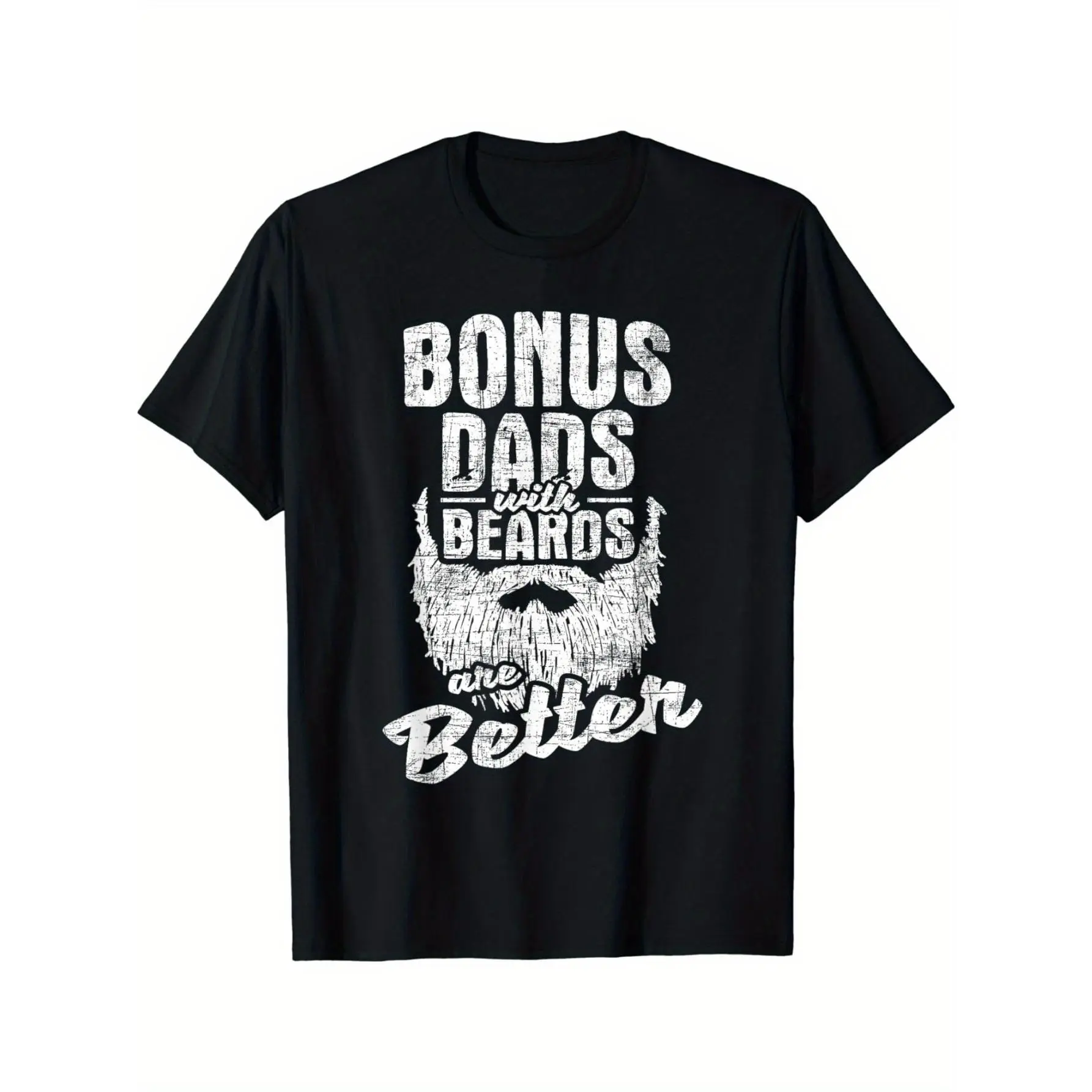 Men's Funny Beard-Themed T-Shirt - "Bonus Dads with Beards Are Better" Slogan & Mustache/Beard Graphic - Casual Round Neck Tee for Bearded Men, Dads, Casual Wear & Gifts (Black/White Print)