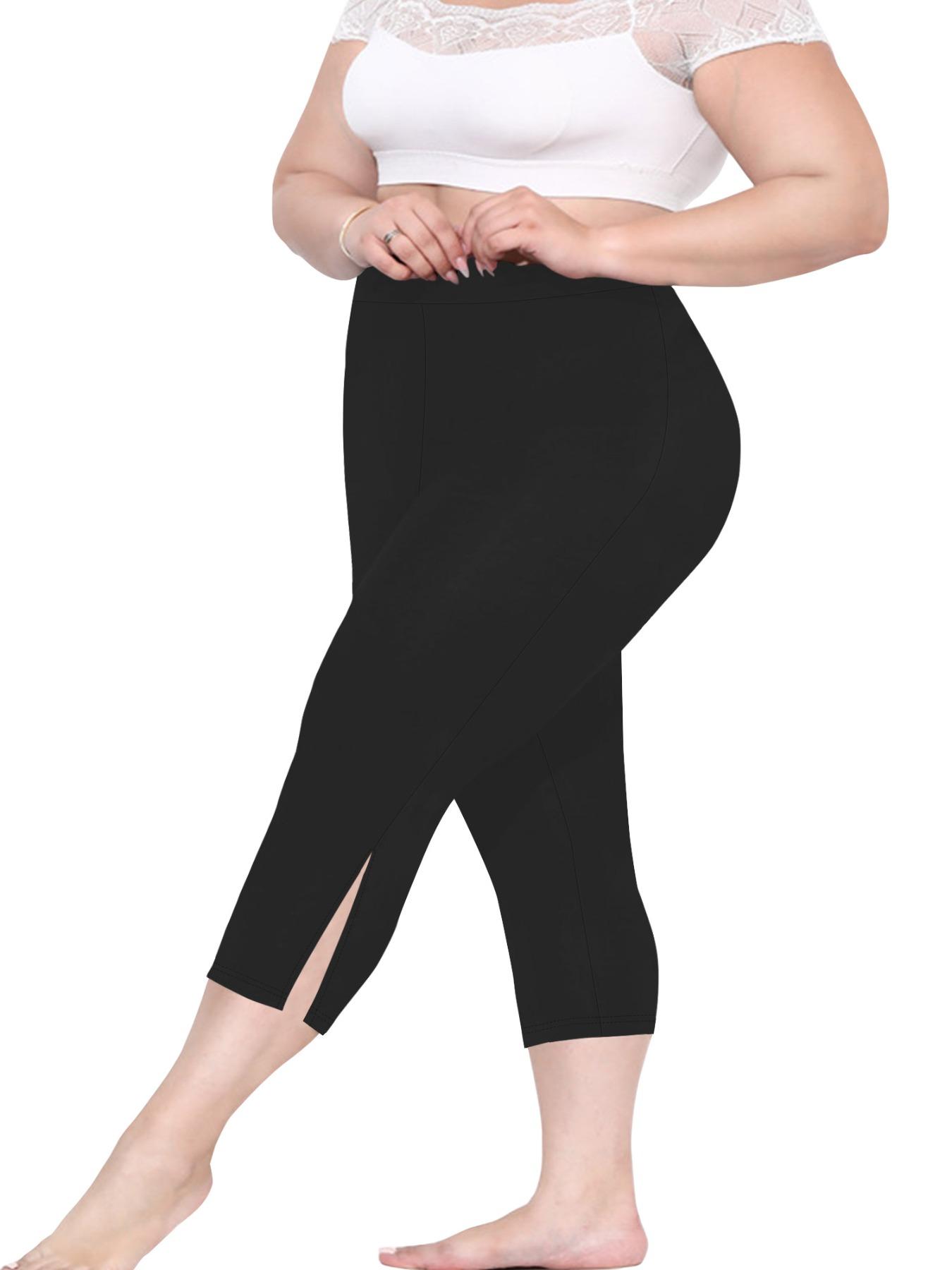 Plus Size Split Hem High Waist Capris Leggings, Casual Comfy Breathable Skinny Capris Pants for Yoga Gym Workout, Women's Bottoms for Summer