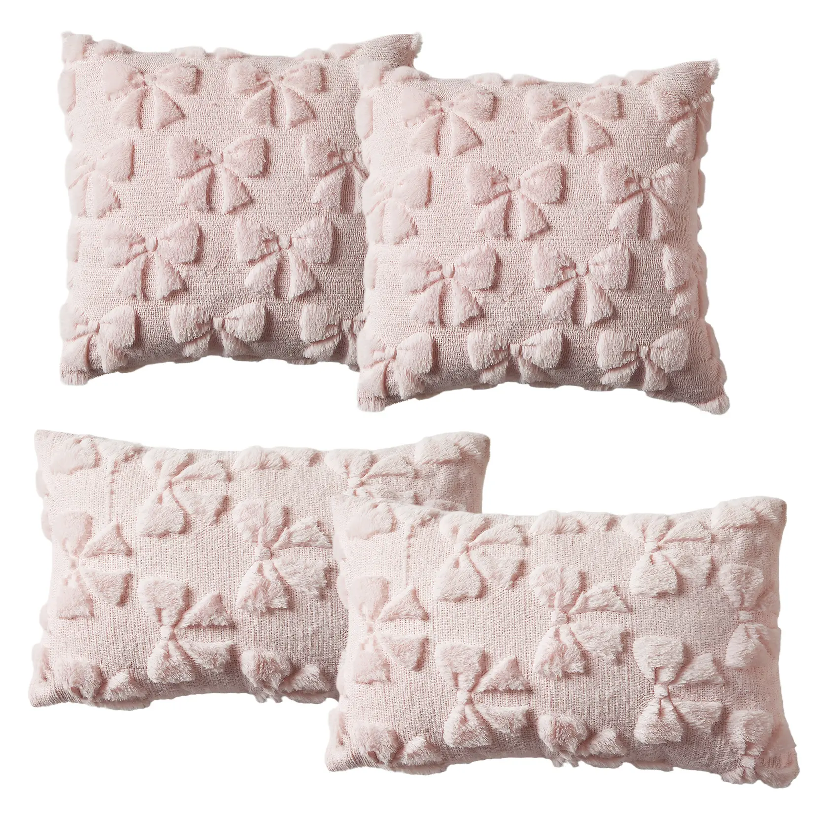 Coquette Bow Faux Fur Pillow Covers 4-Pack – Soft Decorative Throw Pillowcases for Couch, Sofa, Bed – Square & Lumbar Styles
