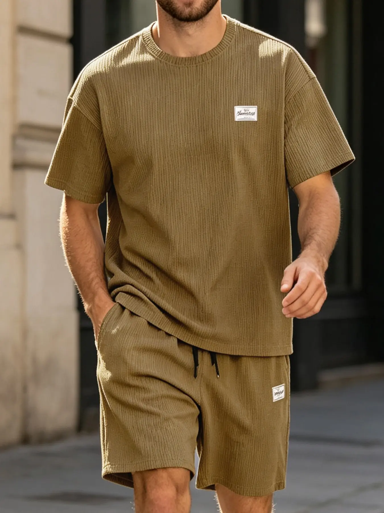 Men's 2 Piece Outfit Ribbed Waffle Textured Short Sleeve T-Shirt & Shorts Set Summer Casual Sporty Brown Elastic Waist Drawstring Loose Fit Comfortable Daily Loungewear Gym Streetwear