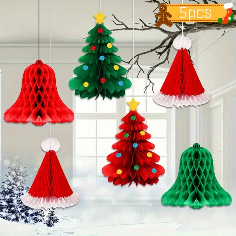 5 Piece Modern Honeycomb Christmas Tree Decorations, and Paper Hanging Ornaments, Stars, No Power Needed, Holiday Home Decor