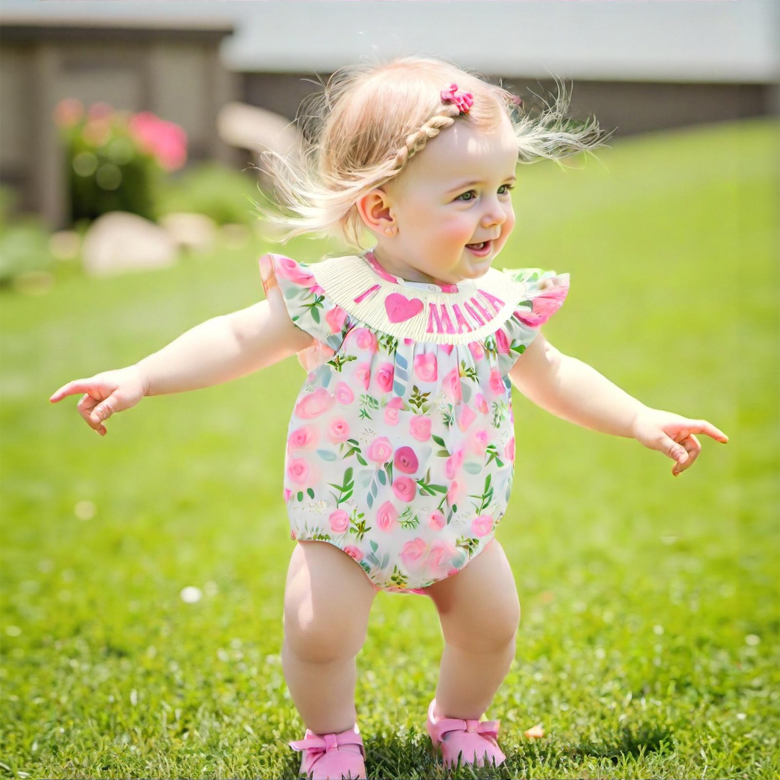 Newborn Baby Girl Summer Outfits Floral Mamas Girl Smocked Bubble Romper Fly Sleeve Onesie Bodysuit Mothers Day Clothes