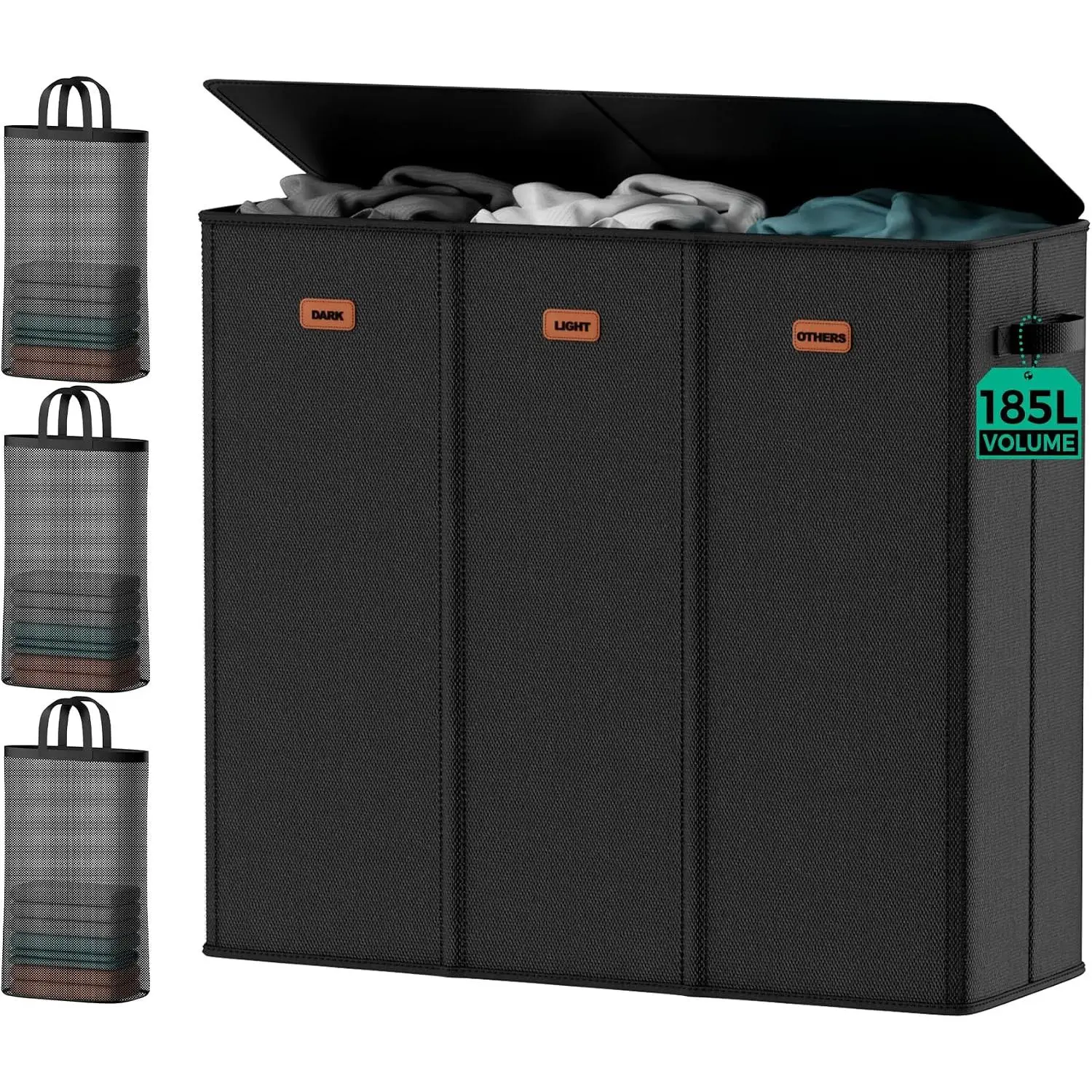 185L Laundry Hamper 3 Section with Lid & Removable Bags | Collapsible laundry basket organizer for laundry room, bedroom & dorm with 3 removable washing bags