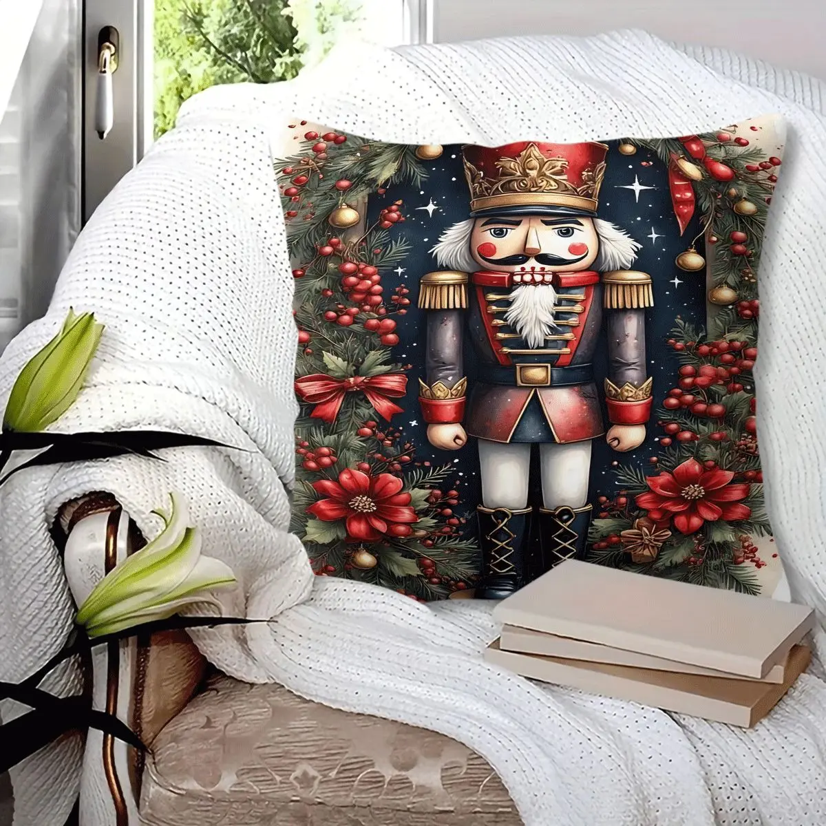 45x45cm 1Pc Christmas Nutcracker Throw Pillow, home decorative cushion, with festive holiday wreath & poinsettia print, soft fluffy durable cozy, perfect for sofa, bed, living room bedroom decor, great small Christmas gift for family and friends