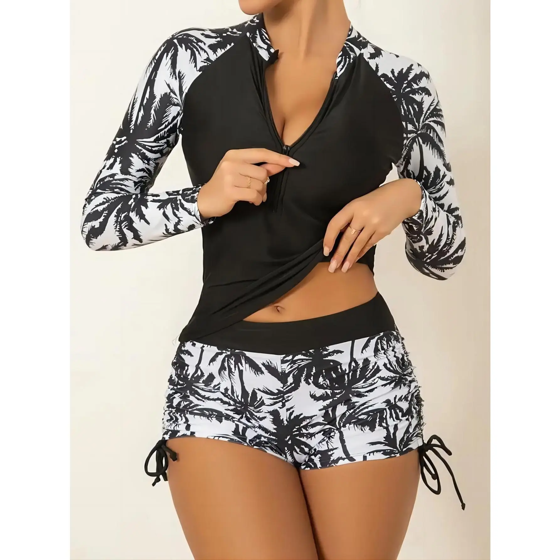 Women's 2-Piece Long Sleeve Quick Dry Rash Guard Tankini Swimsuit Set, Half-Zip Long Sleeve Surf Top, High-Waisted Side Drawstring Swim Shorts, Quick Dry Modest Swimwear Ideal for Surfing, Beach, Pool and Kayaking Activities