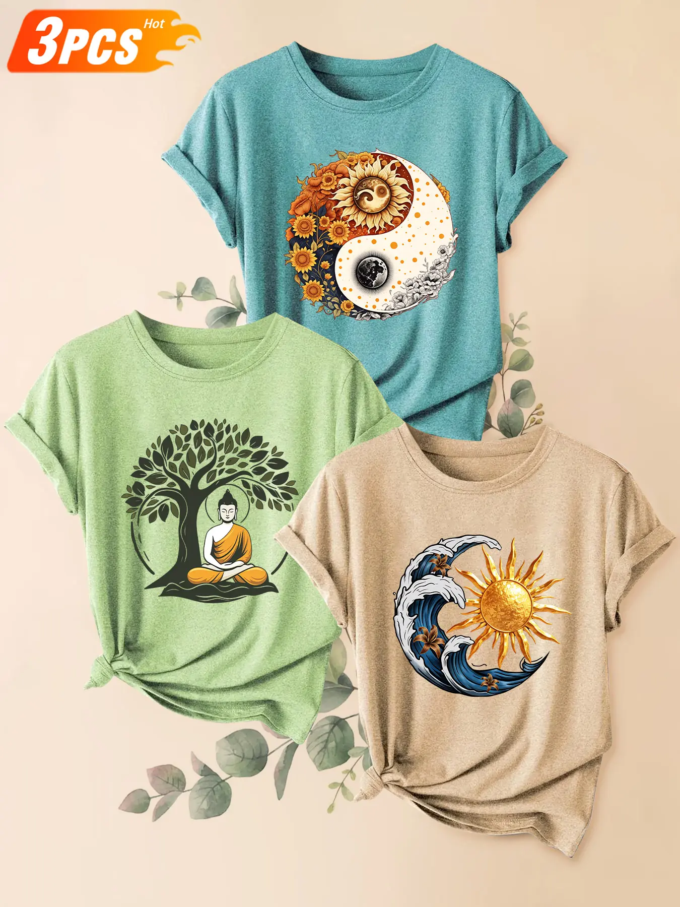 3Pcs Women Crew Neck T-Shirt, Sunflower Yin Yang Buddha Under Tree Wave Sun Oriental Zen Print, Multi-color Washable Spring Summer Top, Soft Skin-friendly Fabric Daily Versatile Fashion Design