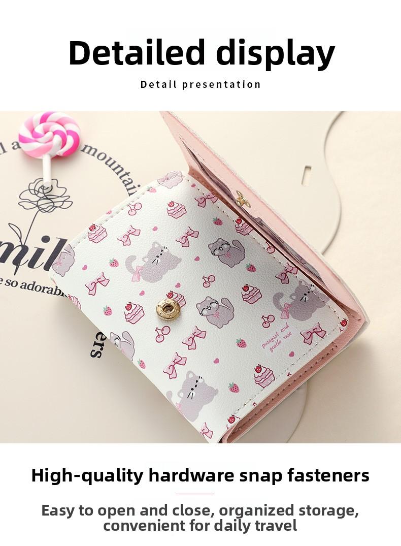 Strawberry Bear Print Wallet for Women Cute 3-Fold Short PU Leather Purse with Card Slots ID Window Portable Coin Purse for Everyday Carry