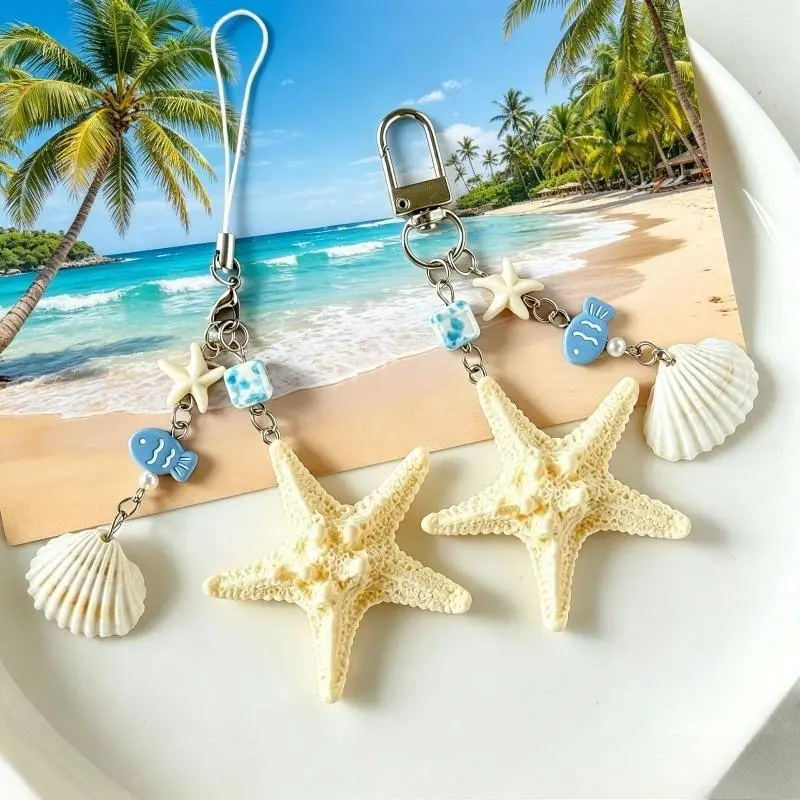 Unisex Handmade Natural Shell Starfish Keychain - Lightweight Ocean Theme Fashion Accessory, Boho Phone-Bag Pendant, Beach Vacation Decor Hanging Charm for Travel Photos Daily Use