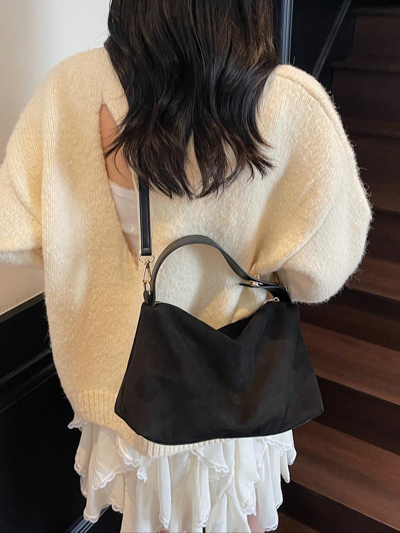 American Minimalist Vintage Suede Top-Handle Bag, Zipper Closure, Versatile Daily Handbag for Work & Casual