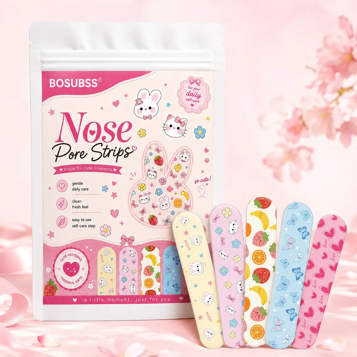 Bosubss Nose Pore Strips, 25 Pieces – Cute Printed Nose Care Strips with 5 Assorted Kawaii Patterns