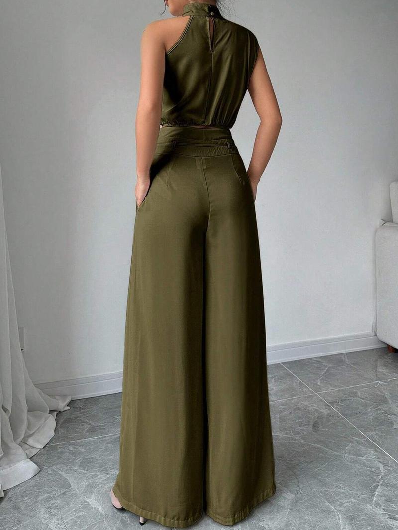 Valentine's Day Women's Solid Color Crop Tank Top & Wide Leg Pants Two-piece Set, Elegant Fashion Casual Top & Trousers for Daily Outdoor Wear, Women's Clothing for Summer