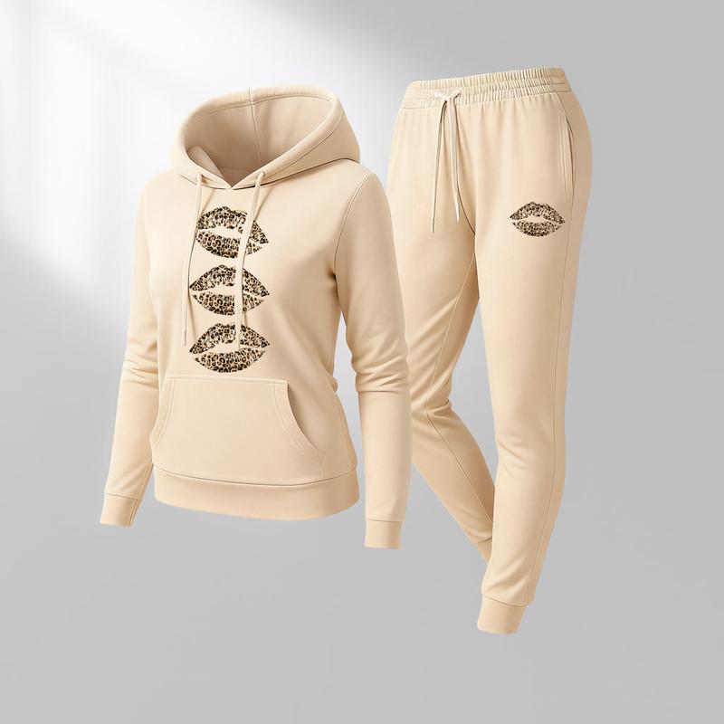 Women's Leopard Print Lips Print Hoodie And Drawstring Track Pants Set, Casual Sportswear, Long-Sleeved Hooded Jacket And Pants, Suitable For Autumn And Winter, Everyday Wear, Indoor And Outdoor Sportswear, Sportswear Set, Casual Sportswear