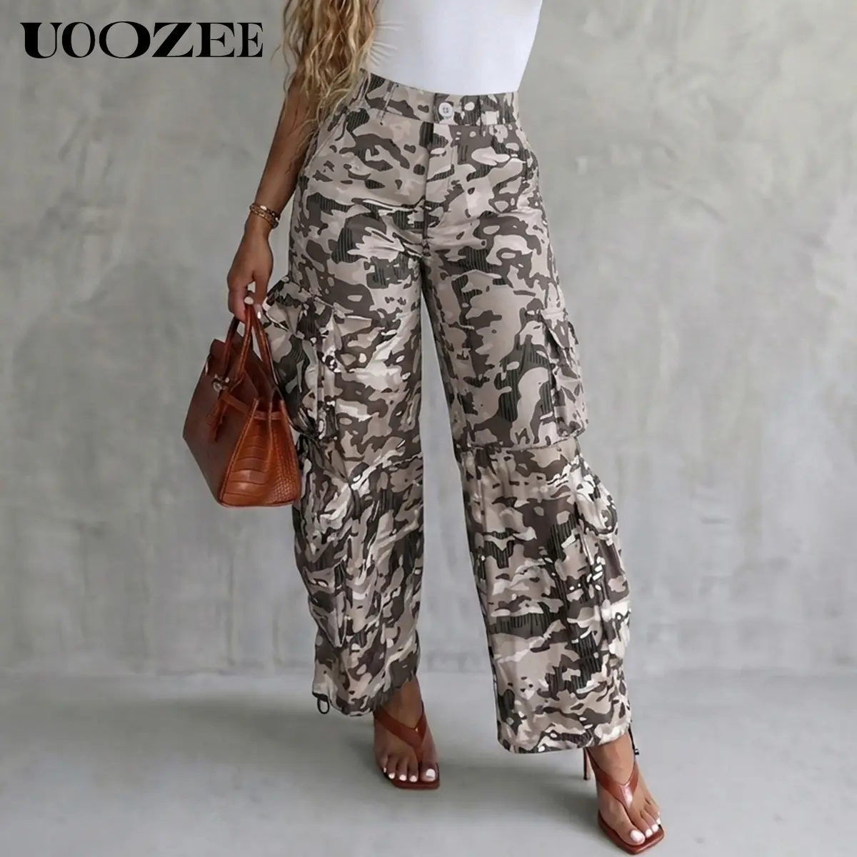 UOOZEE Women's Wide Leg Cargo Pants in Camouflage Print, High Waist Baggy Polyester Streetwear with Elastic Waist and Pockets for Outdoor Use, Bag, Baseball, Chic, Accessories, Festival, Smooth