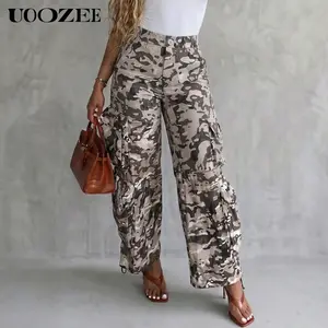 UOOZEE Women's Camouflage No-Belt Cargo Wide Leg Bottoms, 100% Polyester Loose-Fit Adjustable Elastic Back Waist Streetwear Pants with Pockets, Size Up for Full Waist (Everyday, Festival Use)