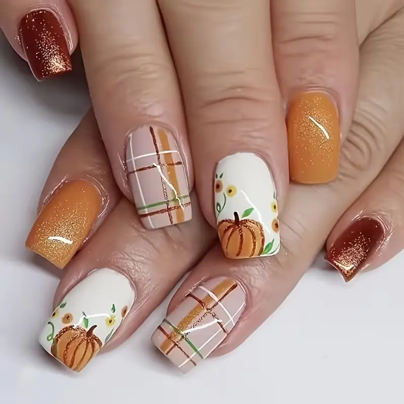 Autumn Pumpkin Nail Art, Square Fall Nails with Plaid and Sunflower Design, 24pcs False Nails for Women, Elegant Fake Nails Set, Artificial Nails