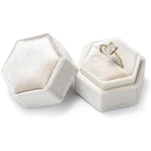 Velvet Ring Box - Vintage Hexagon Premium Jewelry Display Holder Gift Box with Detachable Lid for Wedding Ceremony Proposal Engagement (Beige, 1 Slot)