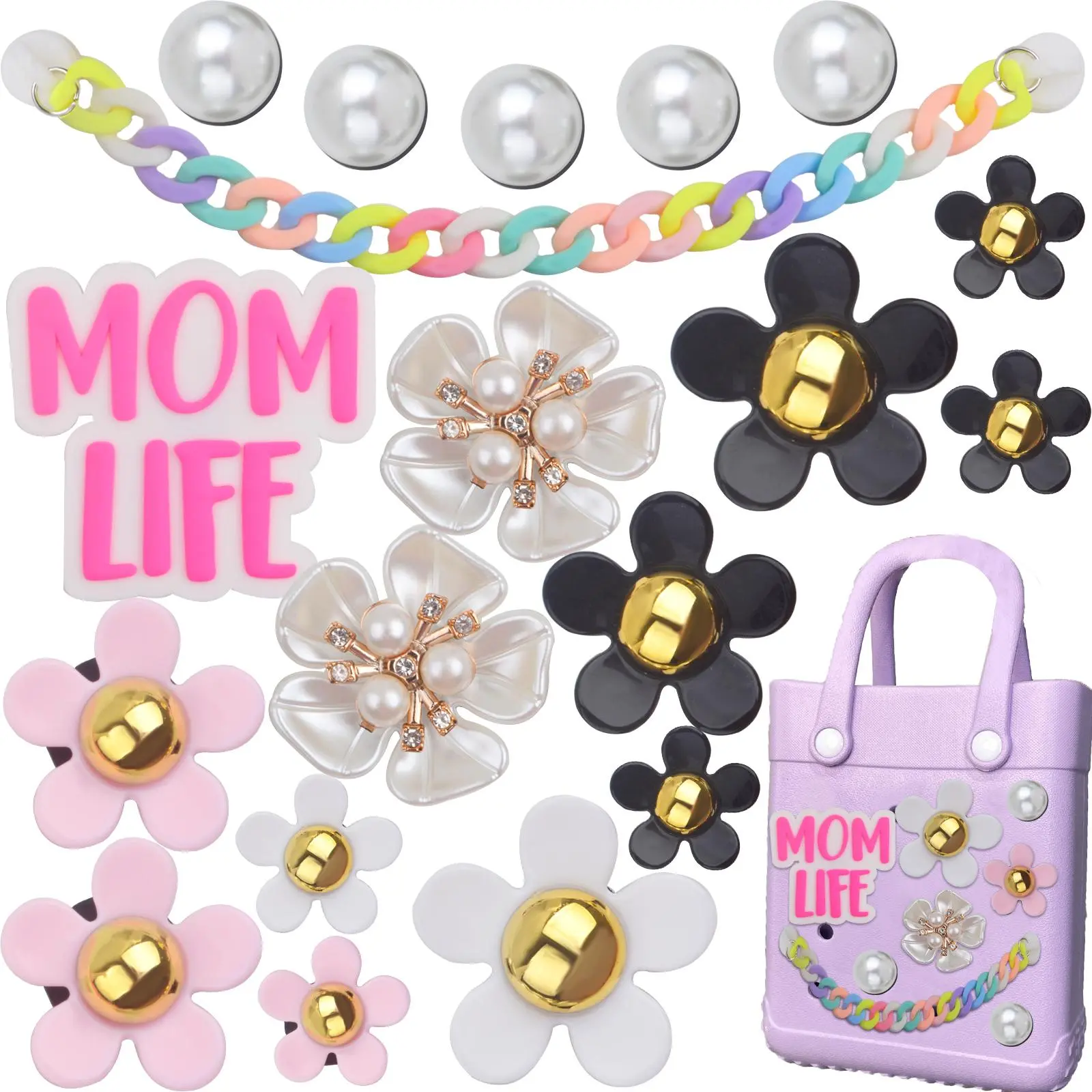 18pcs Bogg Bag Accessories Decoration Charms Pearls Colorful Flowers Pink Momlife Insert Charm with 1pcs Short Chain Clasp, Compatible with Women Rubber Beach Bag Tote Bogg Bags Handbags