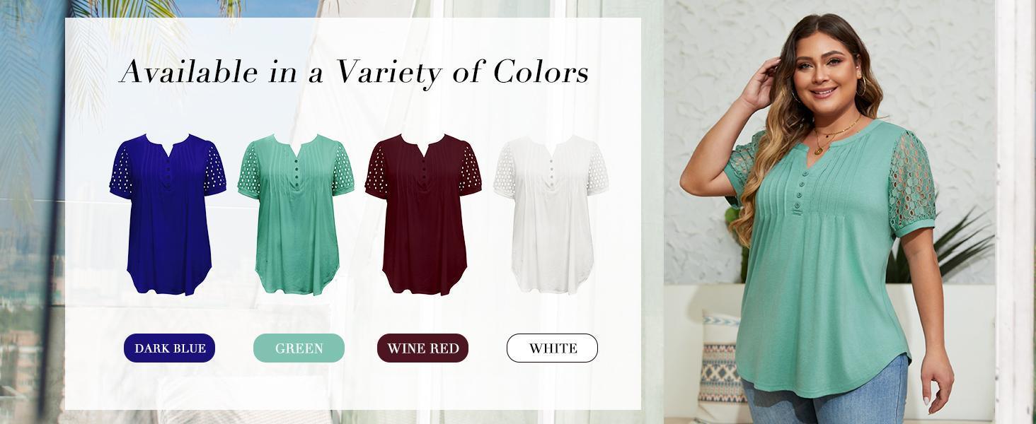 【L-4XL】Plus Size Curve imily bela curve Women's Plus Size Henley T Shirt Summer Lace Sleeve Tees Casual Pleated Flowy Tunic Tops