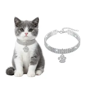 Double Row Rhinestone Pet Collar with Diamond Paw Print Pendant – No Bell Bling Cat, Dog, Kitty Necklace for Wedding Party Photoshoot – Adjustable Extension Chain Lobster Clasp – S/M Size – Graduation Summer Vacation Gift – Viral TikTok Trend