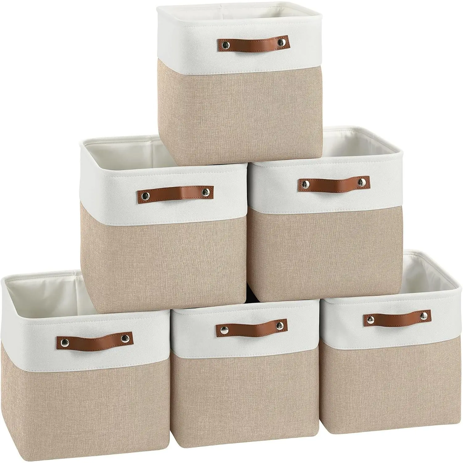 11 inch Cube Storage Bin 6 Pack, Cube Organizer Bins | Fabric Storage Bins With Handles, 11x11 Storage Cubes, Shelf Basket, White/ Khaki