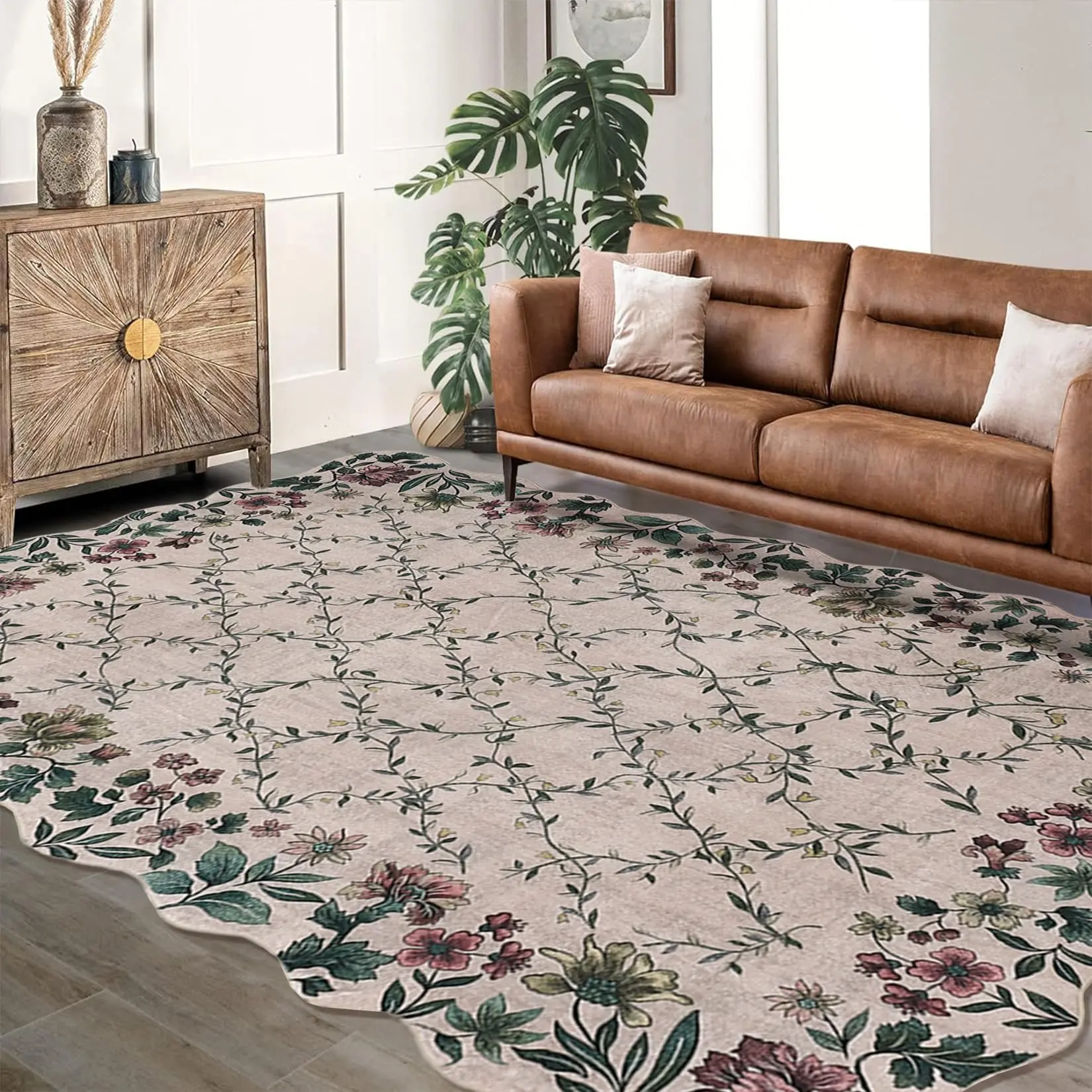 Garvee Floral Irregular Edge Carpet Indoor Non Slip Washable Boho Vintage Entry Rug Low Pile Throw Rugs for Entryway Khaki 8*10ft