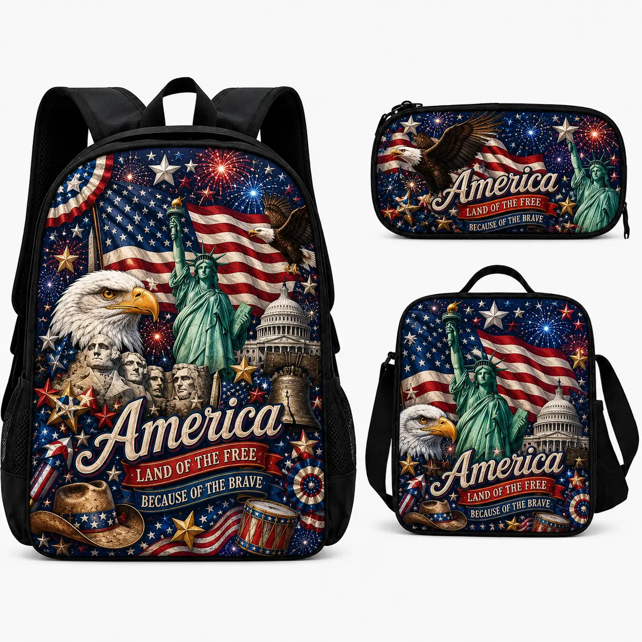 Patriotic Kids Backpack Set 3 Piece for Boys Girls, USA Flag Eagle Statue of Liberty School Bookbag with Lunch Bag and Pencil Case, Lightweight Student Backpack for Elementary Middle School, Back to School Travel Gift