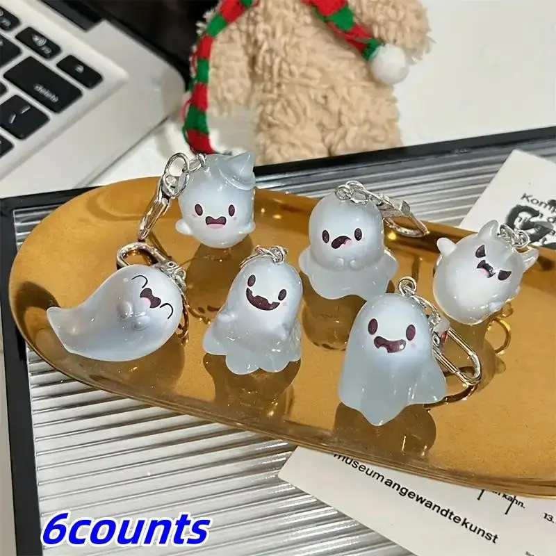 6-Piece Glow-In-The-Dark Ghost Keychain Set, Halloween Figurines, Backpack & Key Charms, Halloween Decor, Party Gifts, Festive Presents