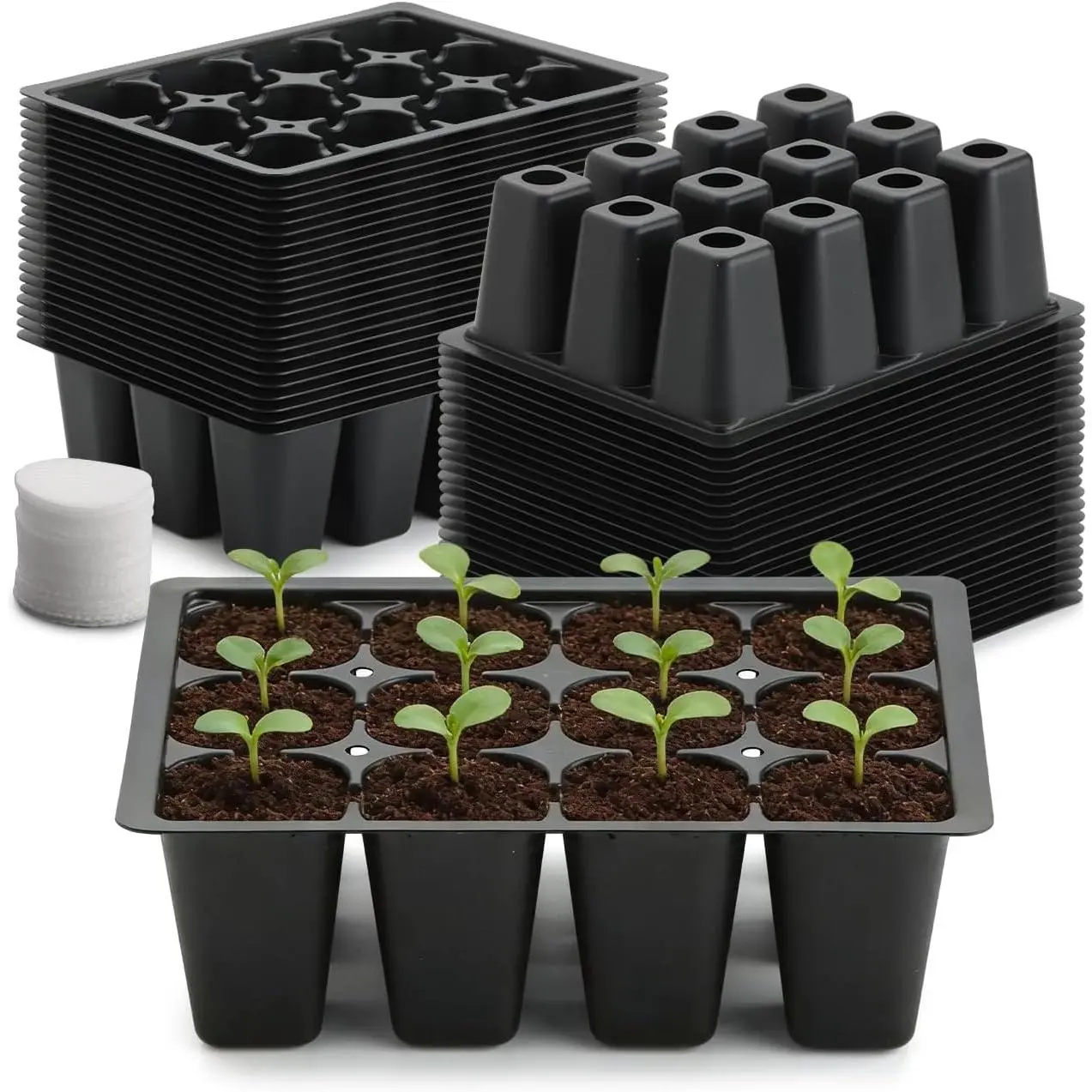 40 Pack  12-Cell Seed Starter Tray,  Starter Trays with Large Drainage Holes for Seed Germination, Easy to Repotted, Fits Standard 1020 Flats and TD377 Trays, Black