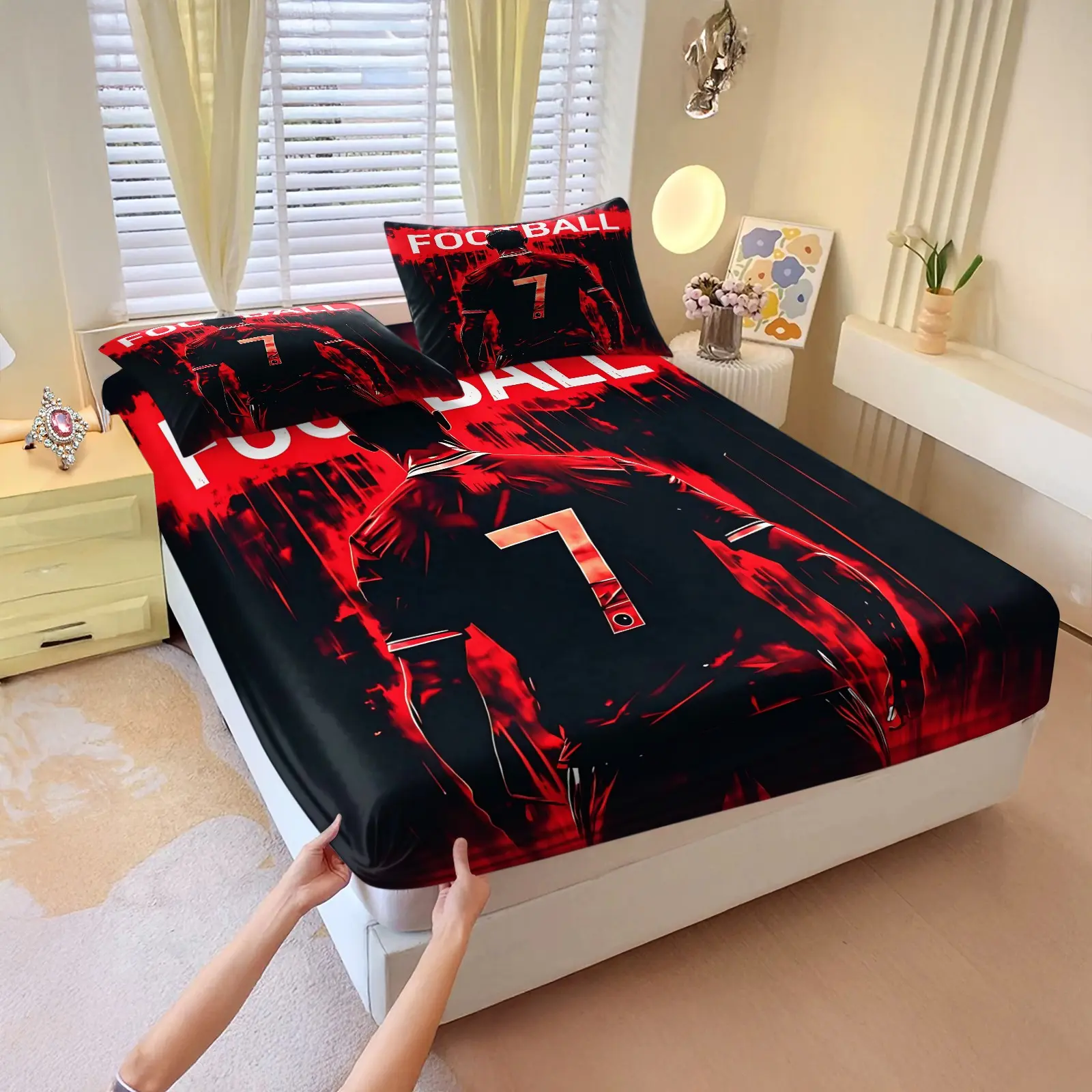 3pcs  Soccer-Themed Fitted Sheet Set, Featuring A Soccer Player's Image On A Number 7 Jersey. Soft And Comfortable Print Bedding Set, It Includes One Fitted Sheet And Two Pillowcases, Printed Bedding Set. Perfect For A Comfortable Bedroom Bedding Set.