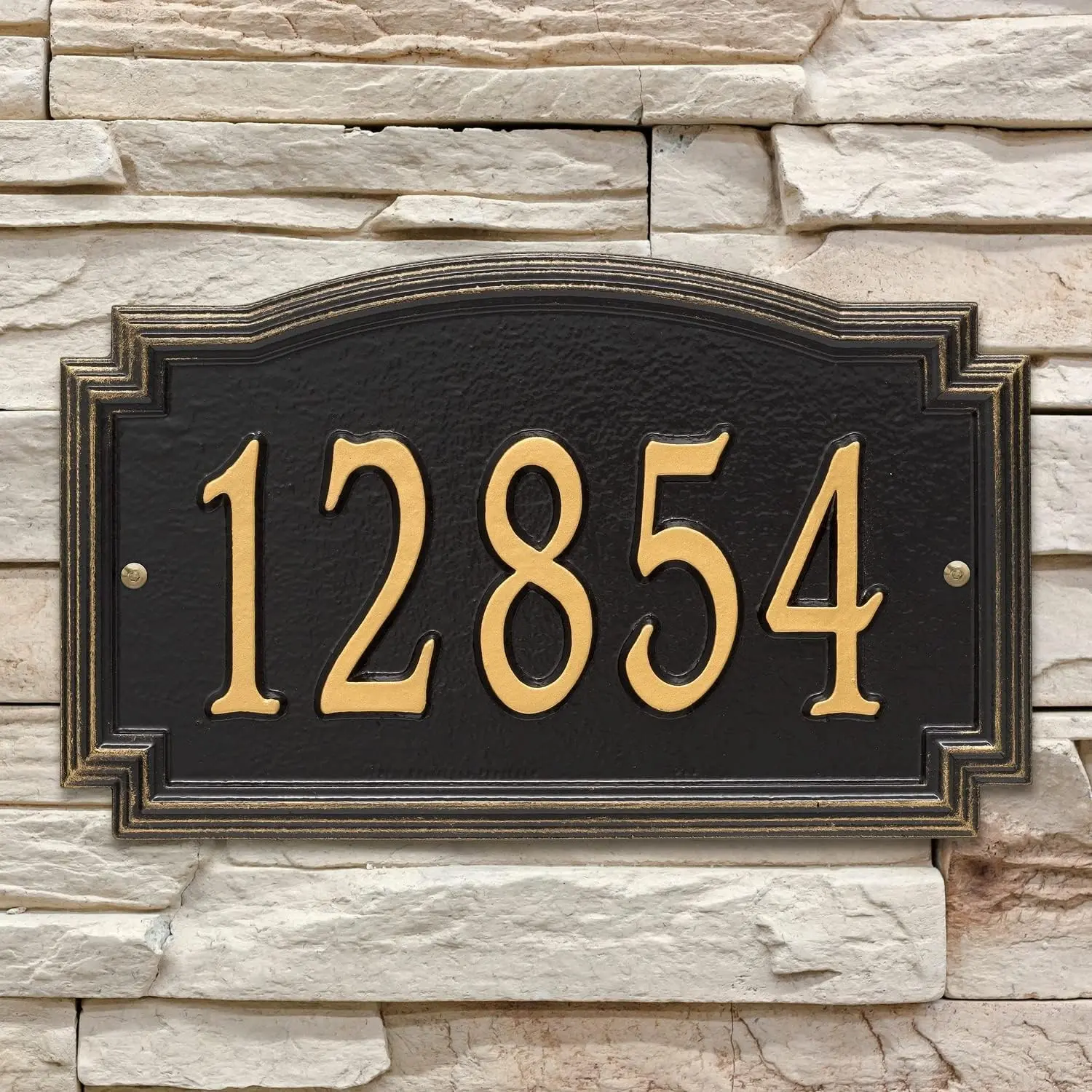Barcelos 3343BG Personalized Cast Metal Address Plaque Custom House Number Sign with One Line in Black and Gold 14" X 85