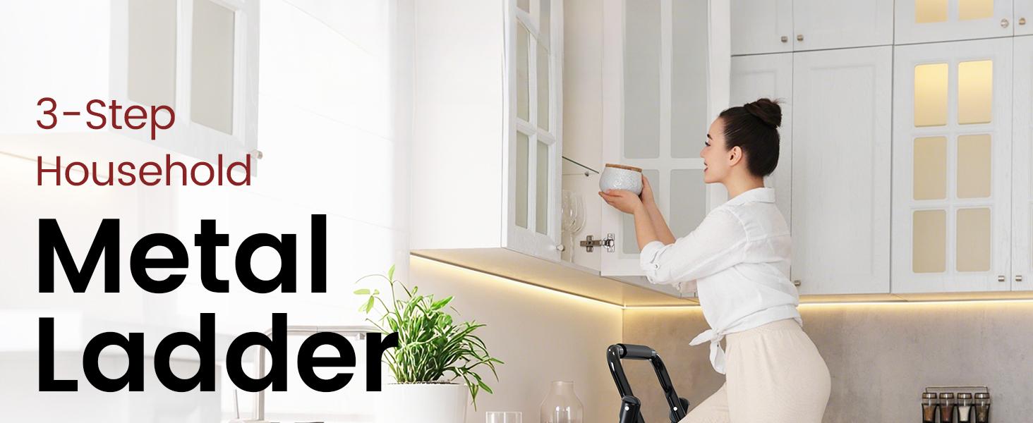 Step Ladder, Folding Step Stool with Wide Anti-Slip Pedal, Sturdy Steel Ladder, Convenient Handrail, Lightweight, Portable Steel Step Stool