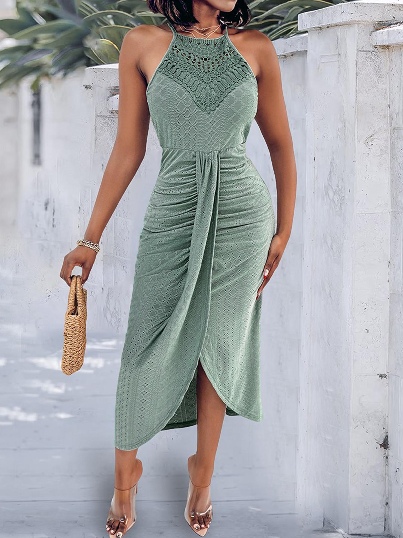 Women's Plain Ruched Bodycon Side Slit Cami Dress, Elegant Sleeveless Dress for Party Holiday Wedding Guest, Ladies Summer Clothes