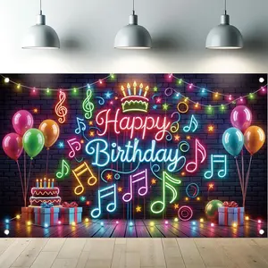 Neon Happy Birthday Banner Backdrop  Party Decorations Glow in The Dark Graffiti Splash  Backdrop Colorful Notes Balloons Lights Brick Wall Photo Background Prop 71 x 43 inch