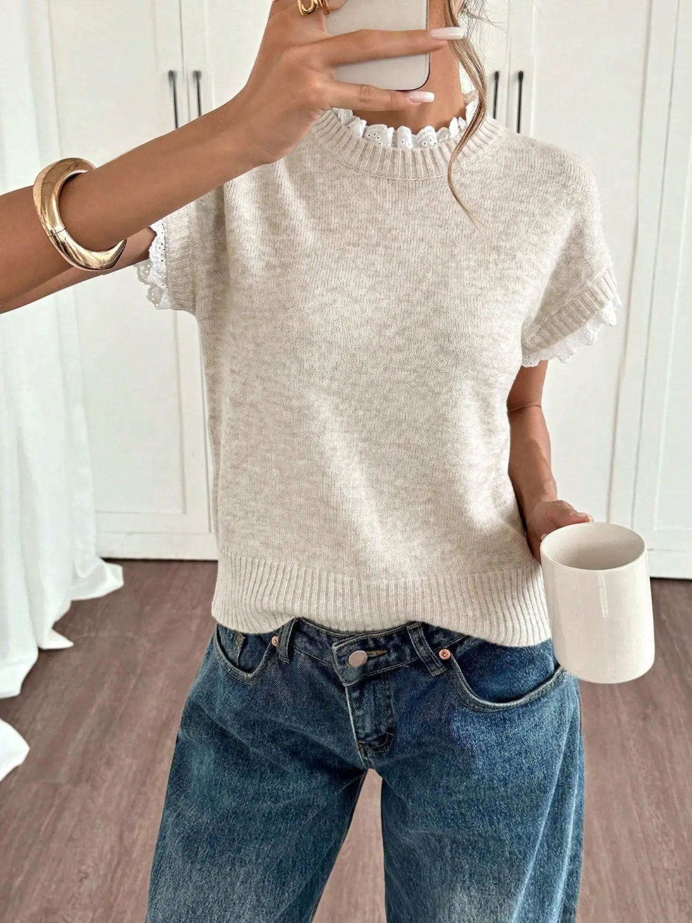 Apricot Round-Neck Lace-Trimmed Knit Vest for Work, Everyday Wear for Spring and Summer