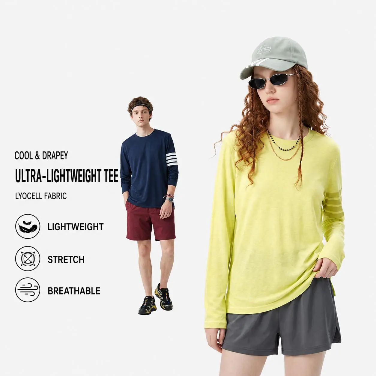 Women's T-shirt, Minimalist Long Sleeve Top in a Smooth Lyocell Polyester Fabric, Relaxed Fit, Cool-Touch and Breathable
