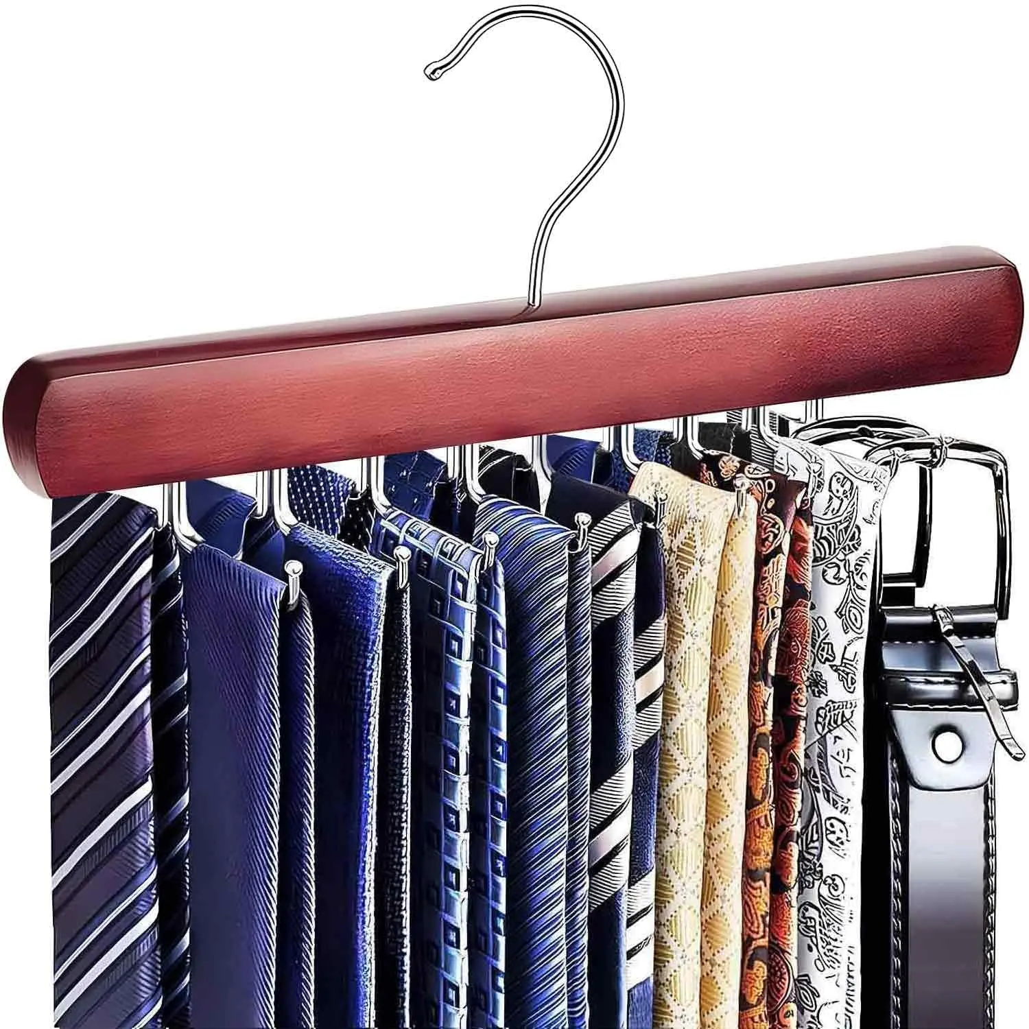 Tie Rack Hanger for Closet, Wooden Tie Hangers for Men with 18 Folding Hooks, Space Saving Tie Holder  Tie Organizer for Men Ties, Belts, Bras, Scarves,  Tops (Mahogany)