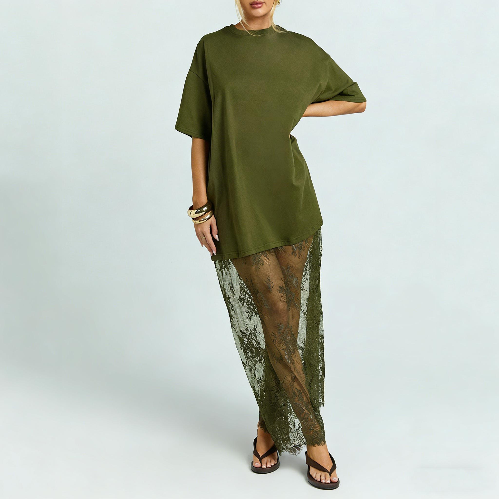 Women's Black Oversized T-Shirt Maxi Dress with Sheer Lace Hem Drop Shoulder Short Sleeve Perfect for Street Style...