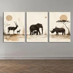 Safari Animal Triptych Canvas Wall Art, Neutral Wildlife  Poster Set for Living Room Bedroom Nursery Office Entryway Decor, Available as Unframed Canvas Poster or Framed Canvas Wrap