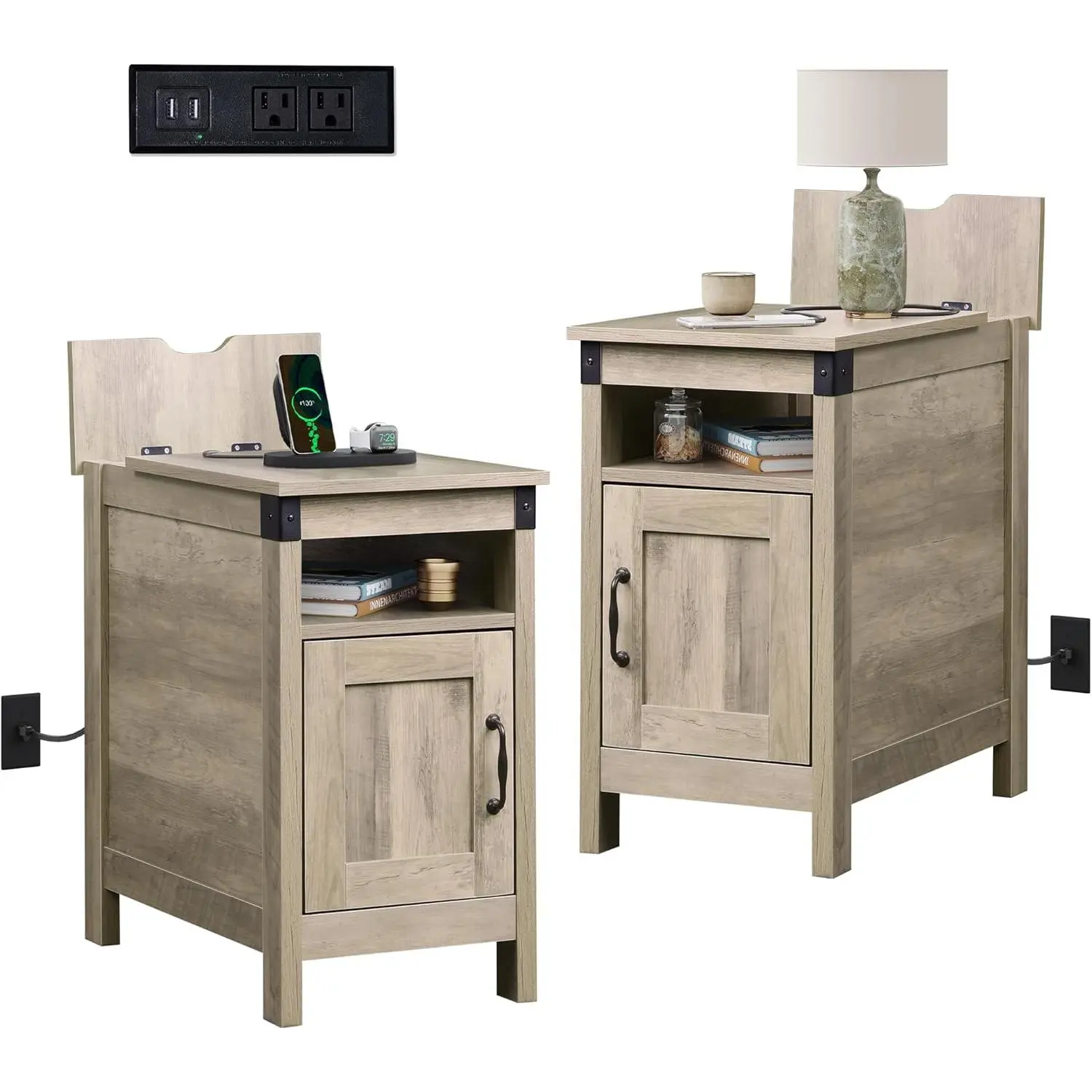 WLIVE 2-Piece Wood Farmhouse End Tables Set with Charging Station, Narrow Modern Side Tables with USB Ports & Outlets, Storage Interior Nightstand Sets for Living Room & Room Accessories