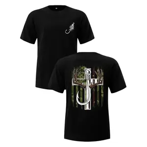 [MADE IN US] Hook & Antler Cross T-Shirt – Black Graphic Tee with Fishing Hook & Deer Antlers Christian Design, Camo American Flag Background, Perfect for Hunters, Fishermen & Faith-Based Outdoorsmen