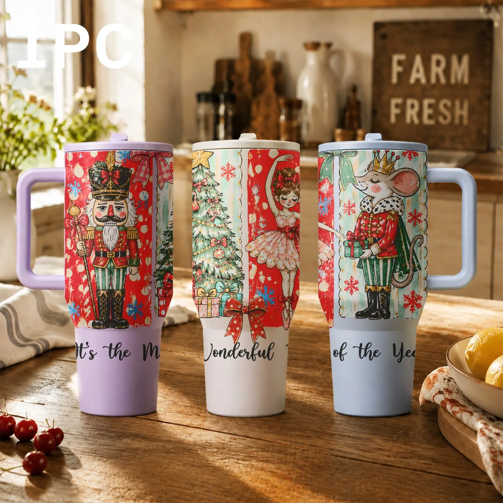 1 PC 40oz Christmas Nutcracker Tumbler with Handle and Flip Straw Lid, Stainless Steel Insulated Travel Cup, BPA Free, Double Wall Vacuum Insulation, Leak Resistant, Car Cup Holder Friendly, Holiday Coffee Mug, Christmas Gift for Women