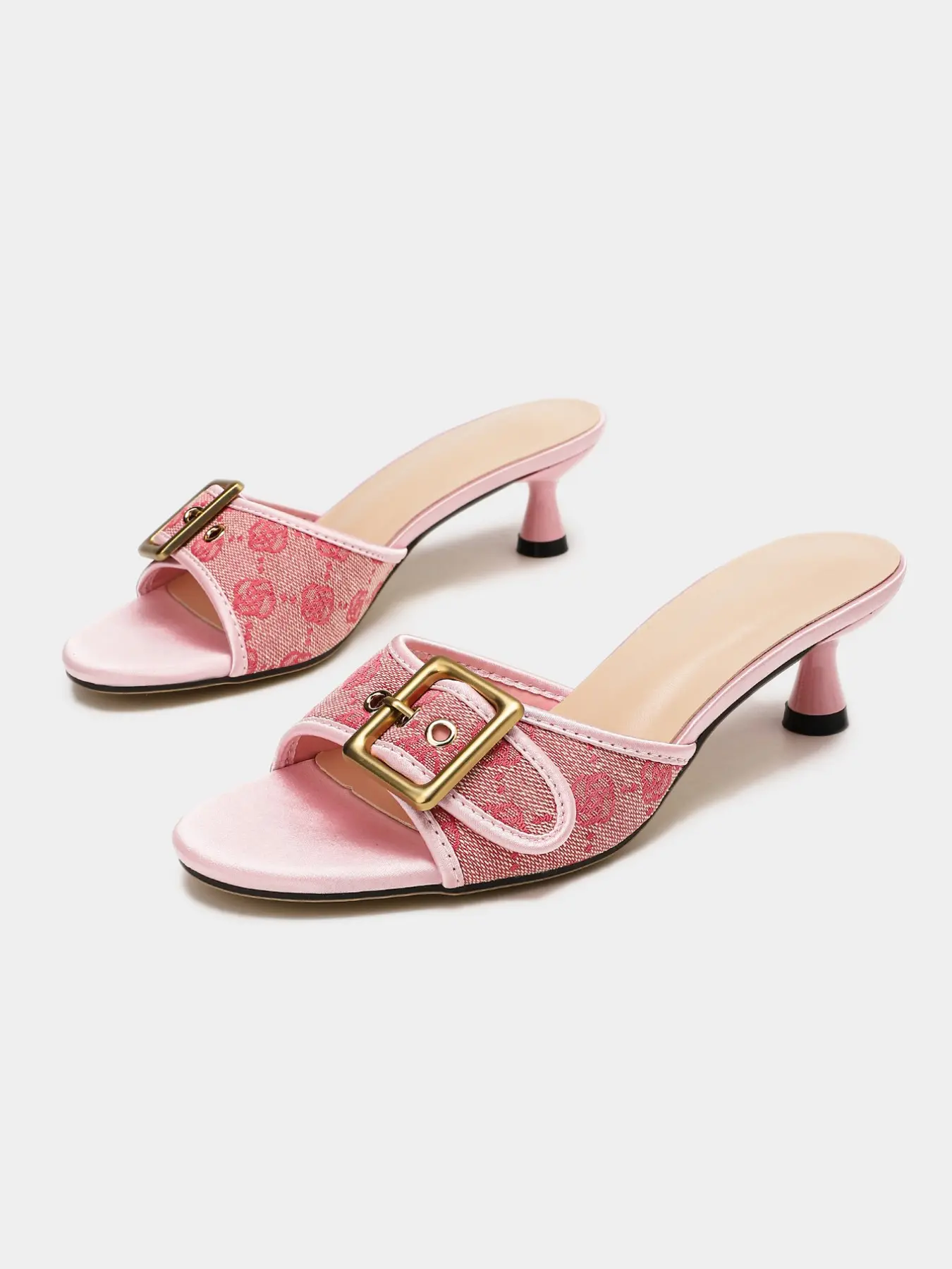 Women's Mule Heels Textured Fabric Open Toe Backless Shoes with Large Buckle Detail Kitten Heel Slip On Sandals Elegant Vintage Style Summer Casual Date Party Wedding Shoes US Size 6-10