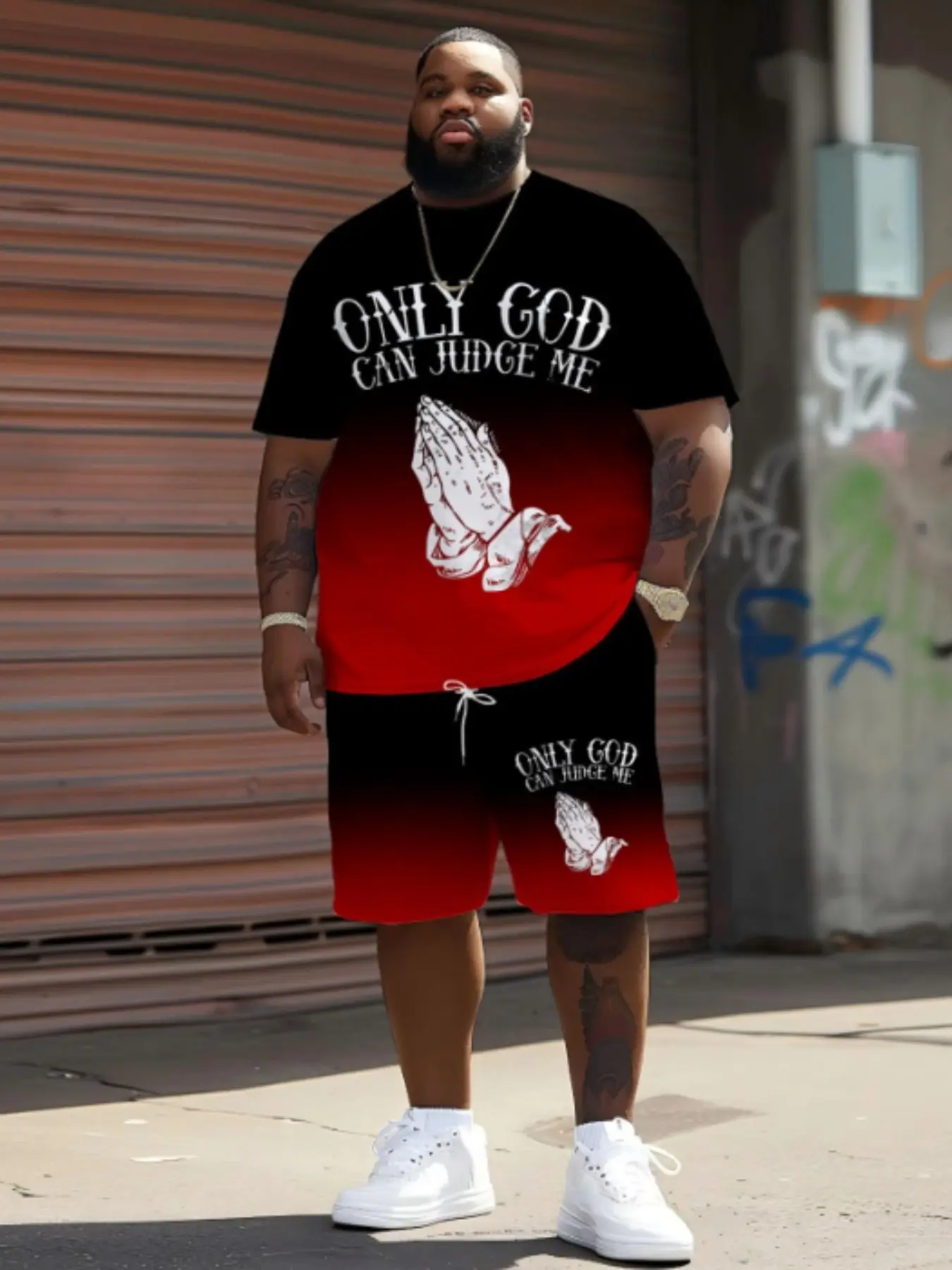Men's Summer Prayer Hand Print Gradient Set Outfits, Loose Fit Streetwear Street Style, Short Sleeve T-Shirt and Shorts, Casual Two-Piece